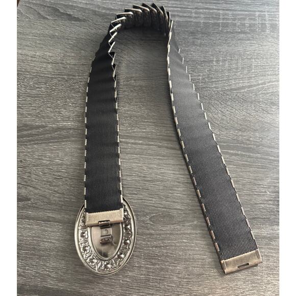 VTG Retro Rhinestone Metal Stretch Elastic Silver Tone Belt Round Ornate Floral - Picture 4 of 5